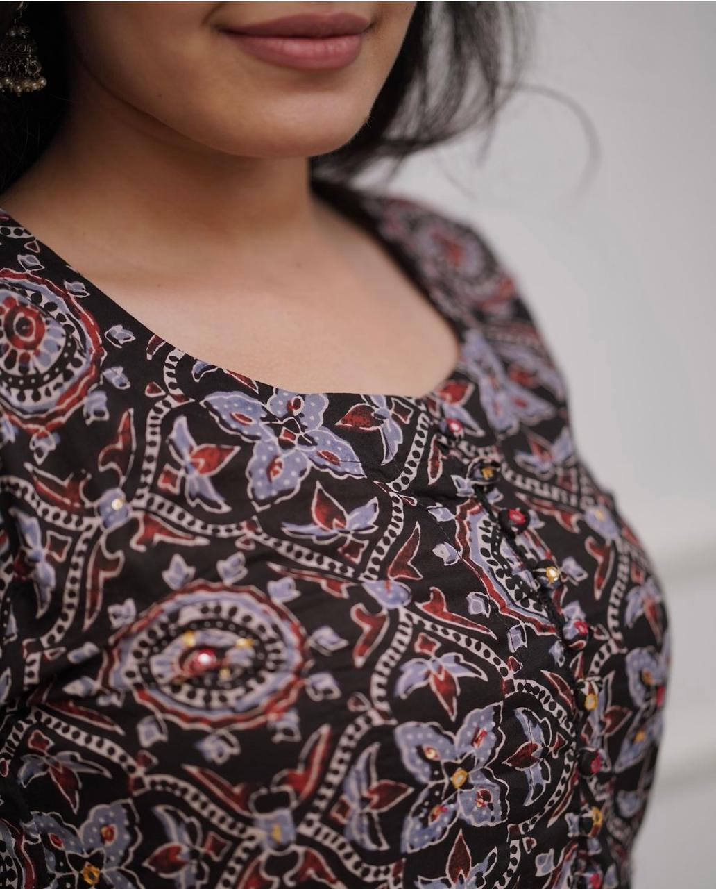 Elegant Blockprint Cotton Kurti with Pant 3 Pcs Set – Women Clothing