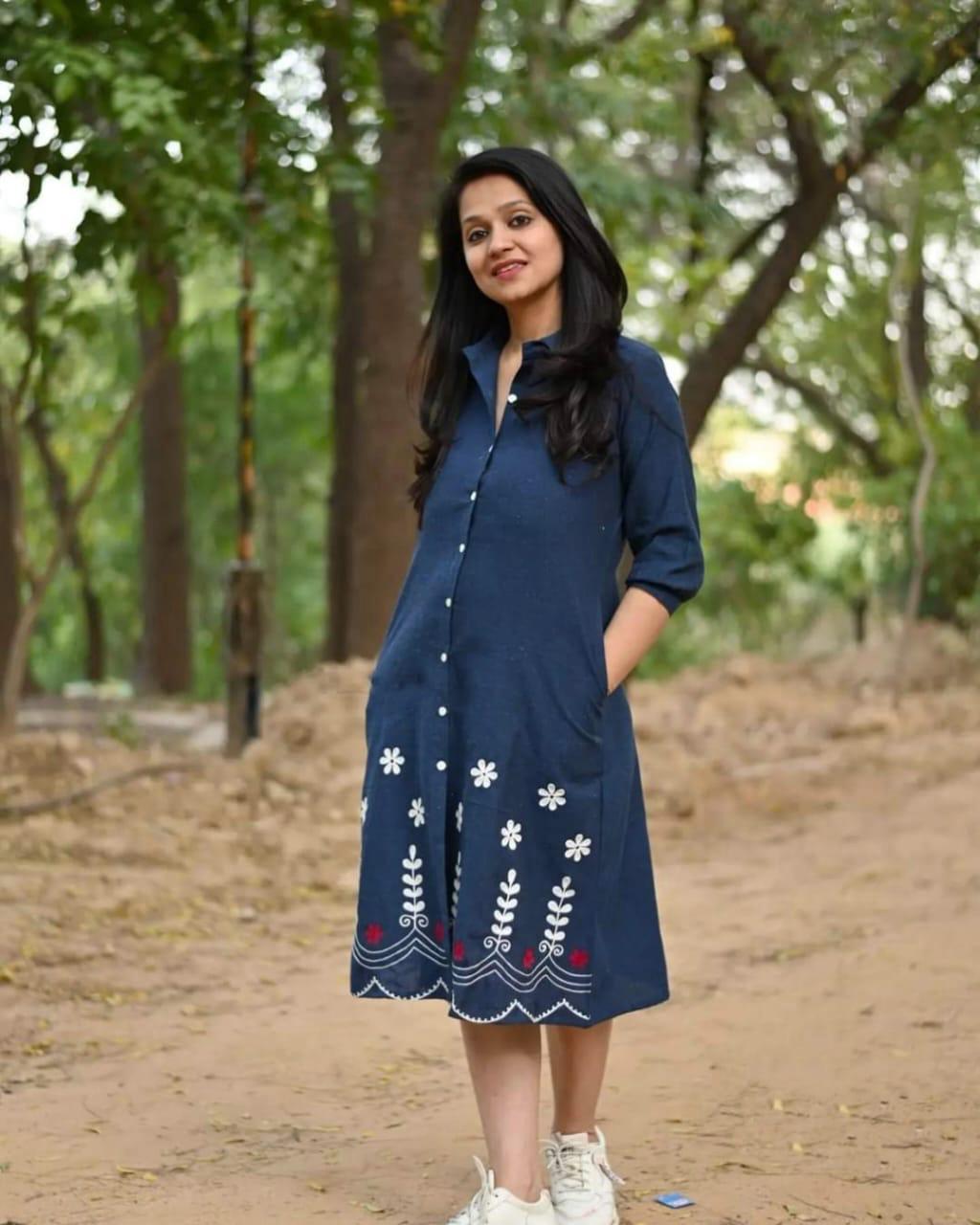 Urban Calibre Women Fashion Blue Cotton Embroidered Dress