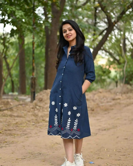 Urban Calibre Women Fashion Blue Cotton Embroidered Dress
