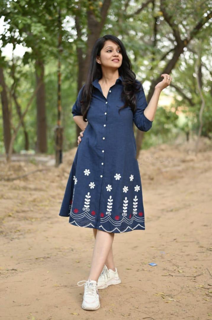 Urban Calibre Women Fashion Blue Cotton Embroidered Dress