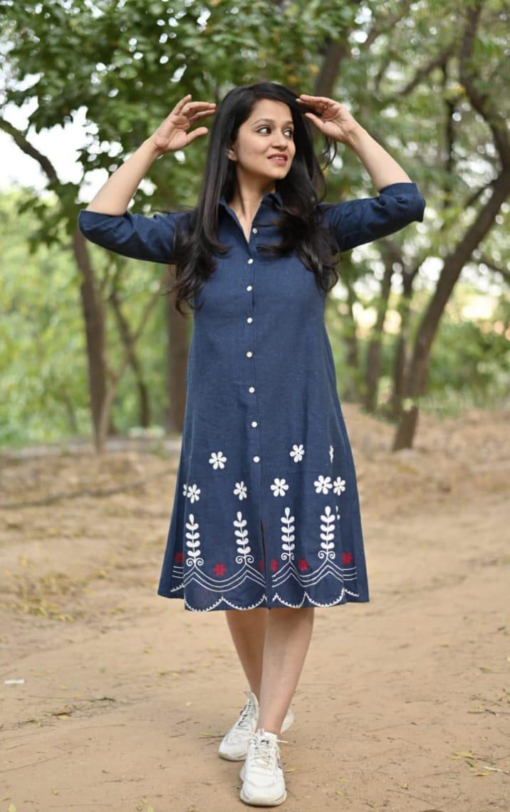 Urban Calibre Women Fashion Blue Cotton Embroidered Dress