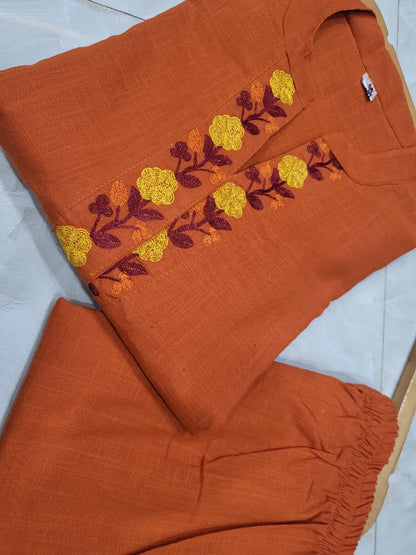 Veloura Essence Women Fashion Cotton Slub Embroidered Kurti & Pant Set