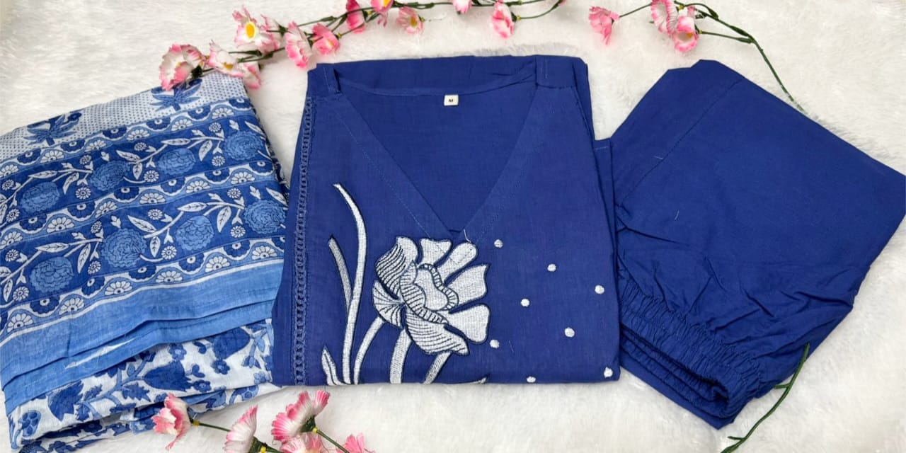 Regalia Charm Women Clothing Cotton Embroidered Kurta Pant & Dupatta Set