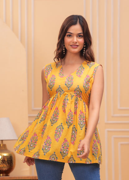 Floral Mustard Yellow Cotton Top for Women