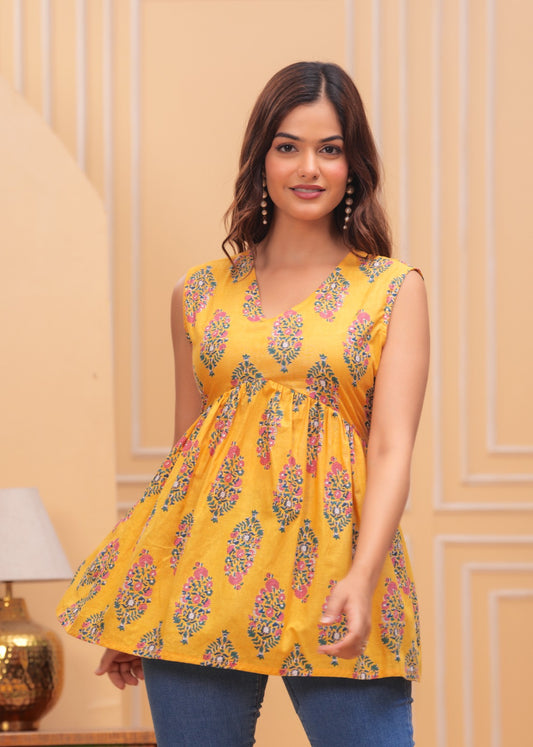 Floral Mustard Yellow Cotton Top for Women